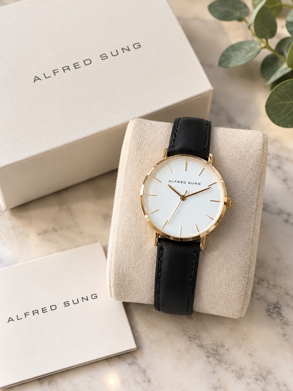 ALFRED SUNG Gold-Tone Case Watch with Black Leather Strap
